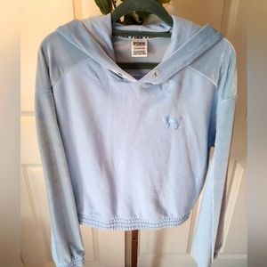 Victoria's Secret baby blue pullover hoodie with velour hoodie and stripe.